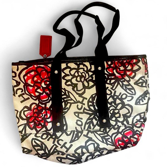 Coach Floral Tote Bag - Red, Black, and Cream - Picture 1 of 7